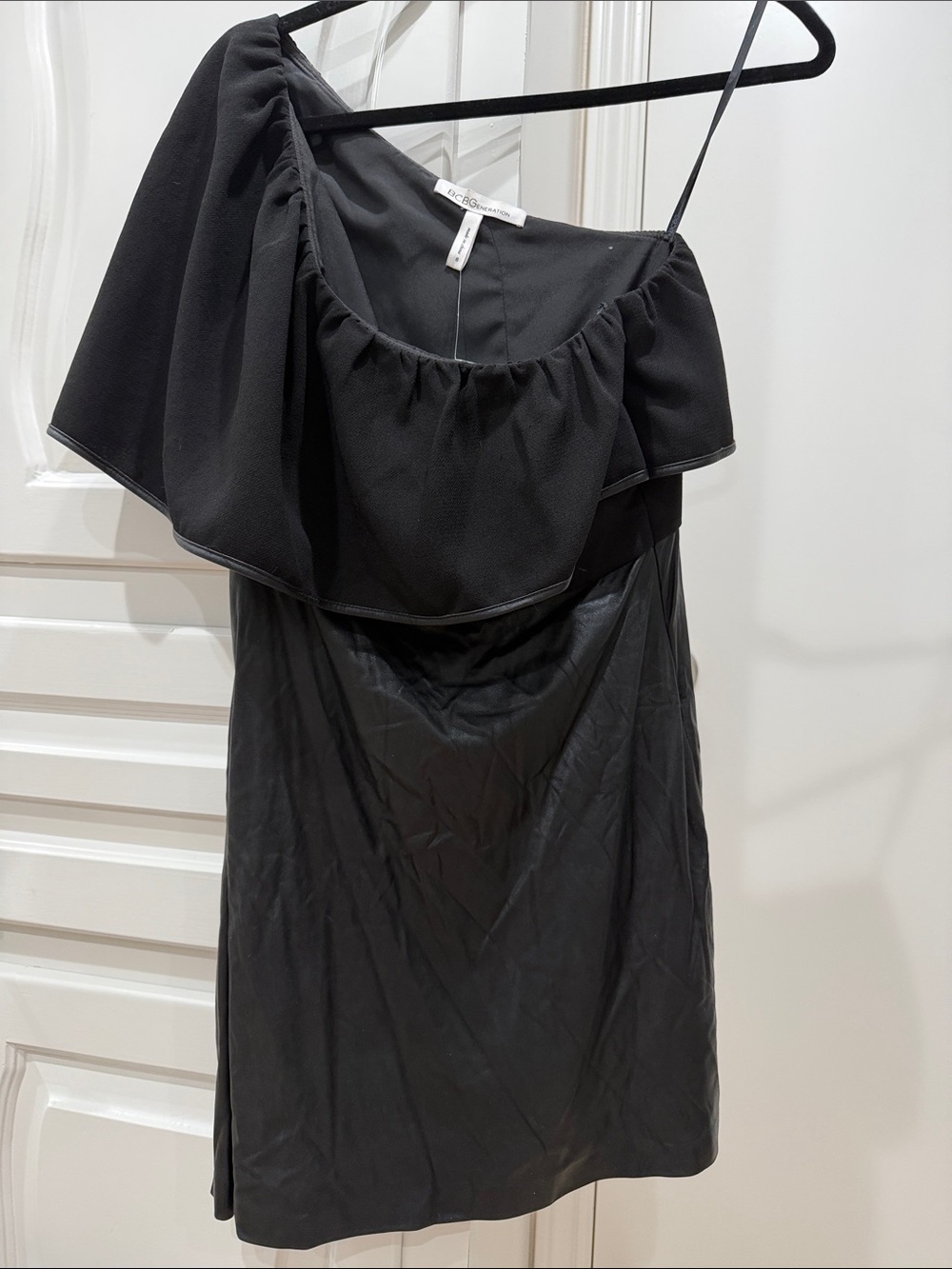BCBGMaxAzria Black One-Shoulder Ruffle Leather Dress